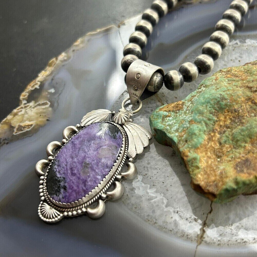 Sterling Silver Southwestern Style Oval Charoite Decorated Pendant For Women - Picture 4 of 10